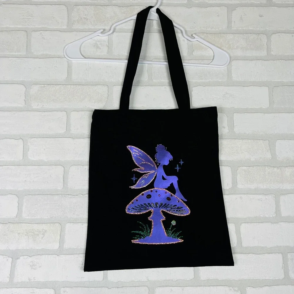 Black Fairy Mushroom Rhinestone Iridescent Canvas Tote Kids Bookbag 12 x 14.5